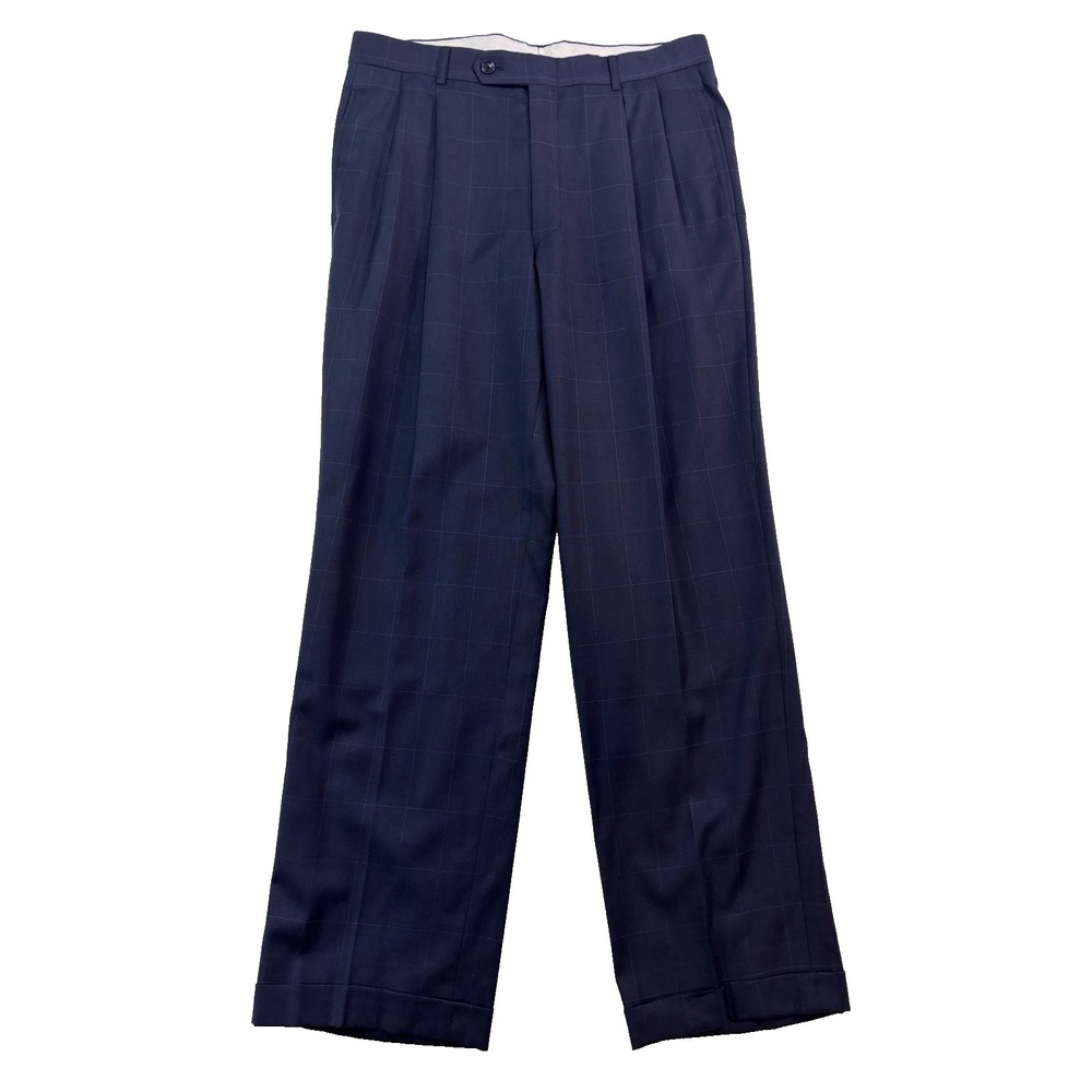 Navy‎ Blue Windowpane Dress Suit Pants 33x30 wool trouser pleated cuffed